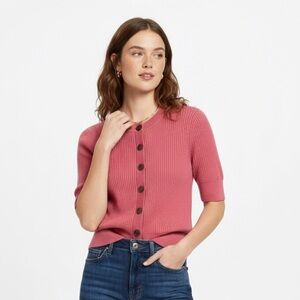 Varley Micha Short Sleeve Cardigan Pink Size XL Ribbed Office Knit